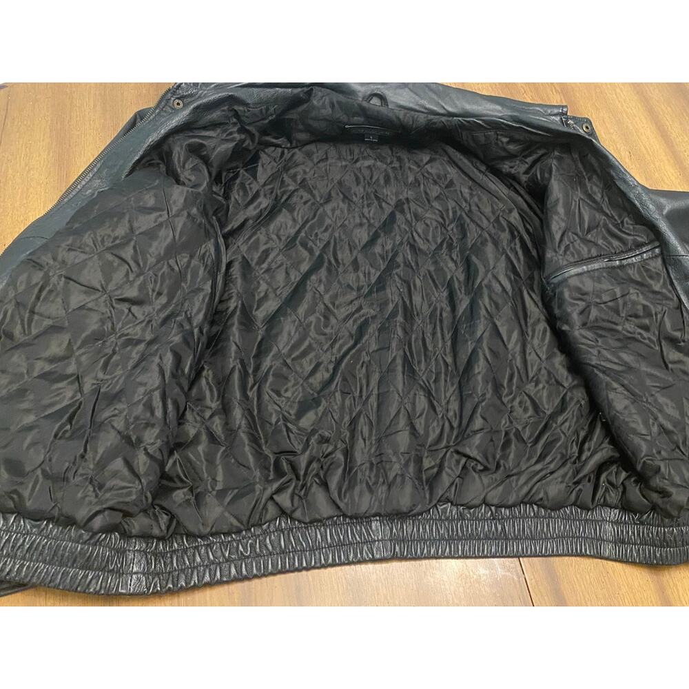 Cougar Leather Black Bomber Jacket Men’s L Zip Front Snap Pockets Elastic Hem - Picture 7 of 11